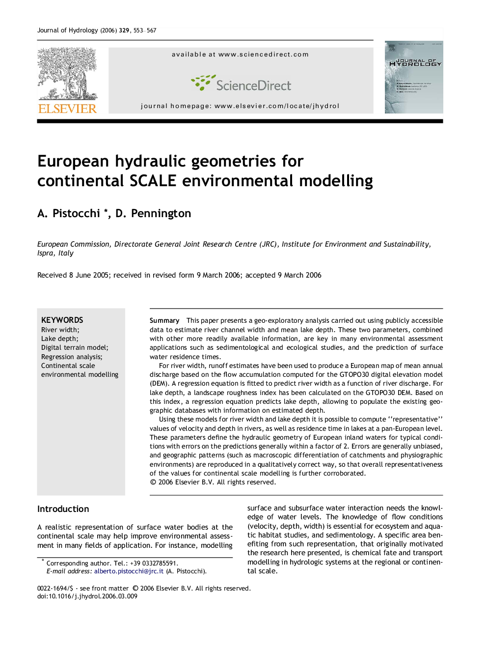 European hydraulic geometries for continental SCALE environmental modelling