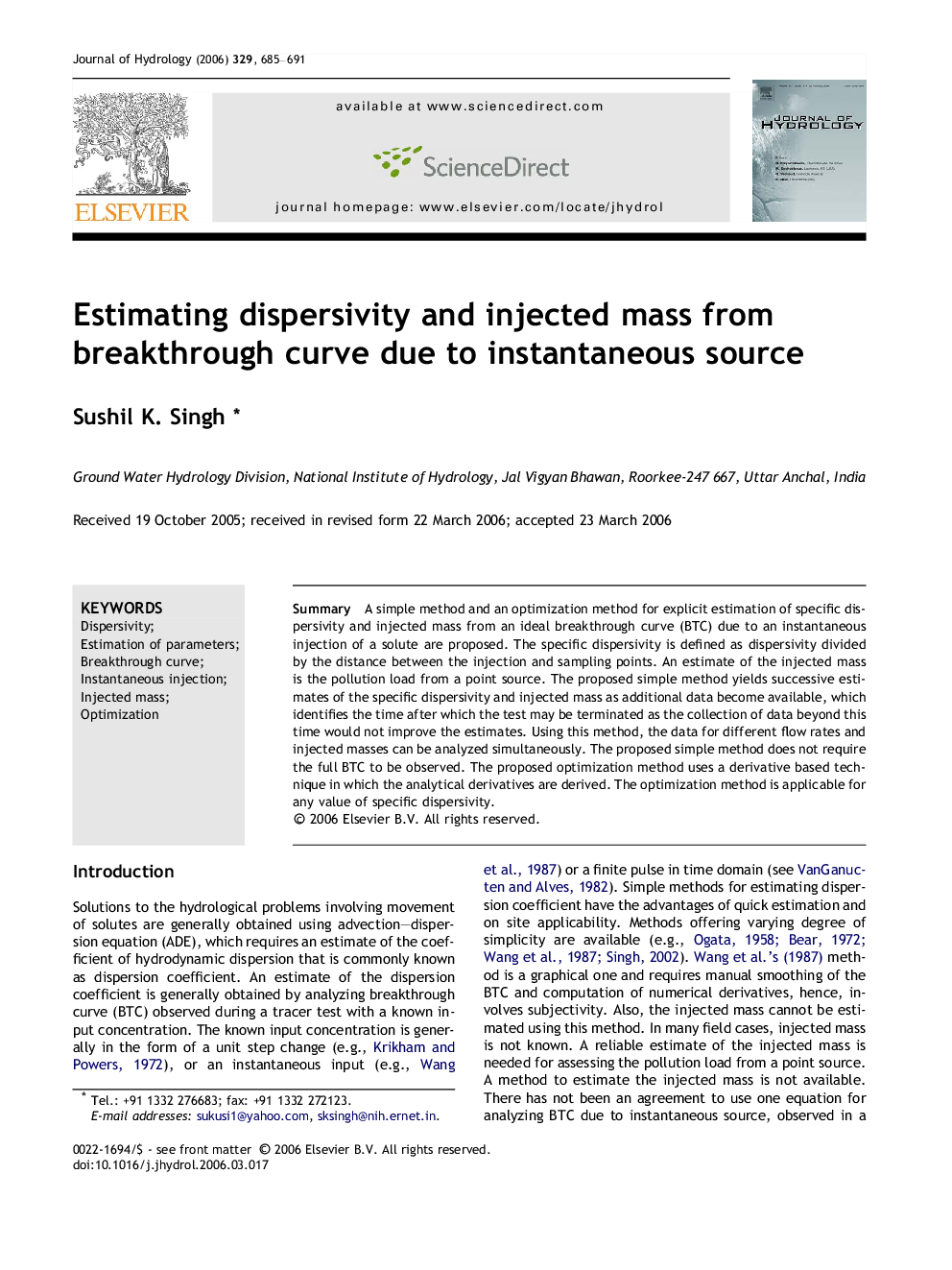 Estimating dispersivity and injected mass from breakthrough curve due to instantaneous source