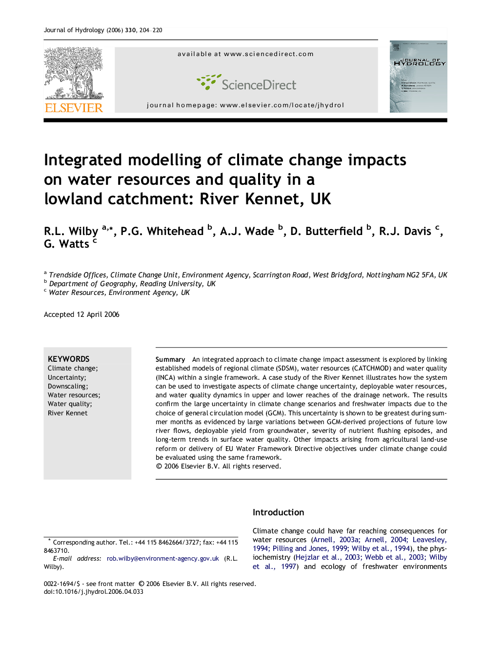 Integrated modelling of climate change impacts on water resources and quality in a lowland catchment: River Kennet, UK