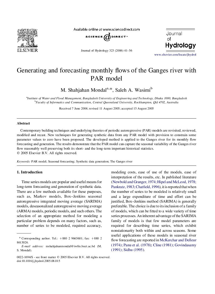 Generating and forecasting monthly flows of the Ganges river with PAR model