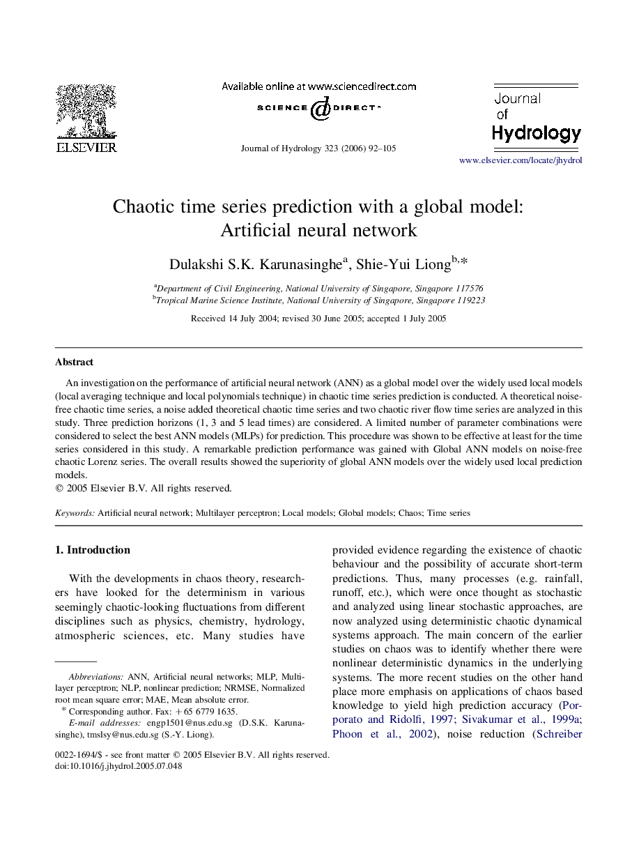 Chaotic time series prediction with a global model: Artificial neural network