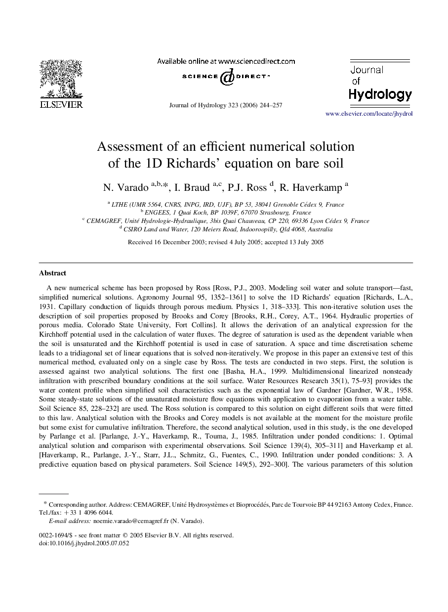 Assessment of an efficient numerical solution of the 1D Richards' equation on bare soil