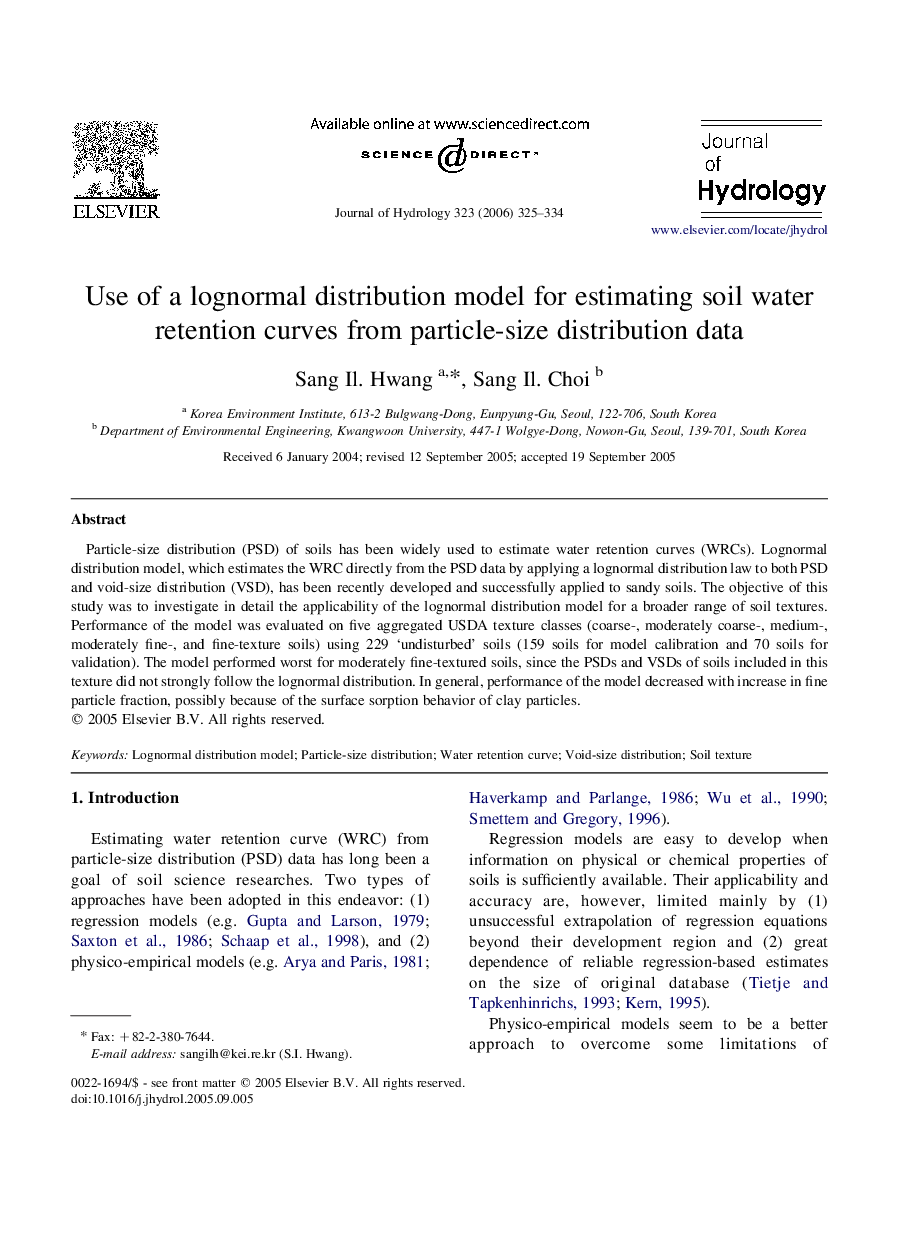 Use of a lognormal distribution model for estimating soil water retention curves from particle-size distribution data