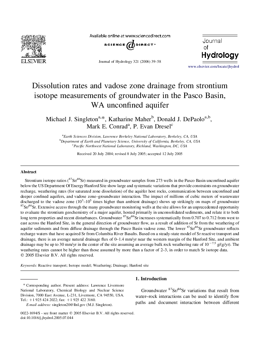 Dissolution rates and vadose zone drainage from strontium isotope measurements of groundwater in the Pasco Basin, WA unconfined aquifer