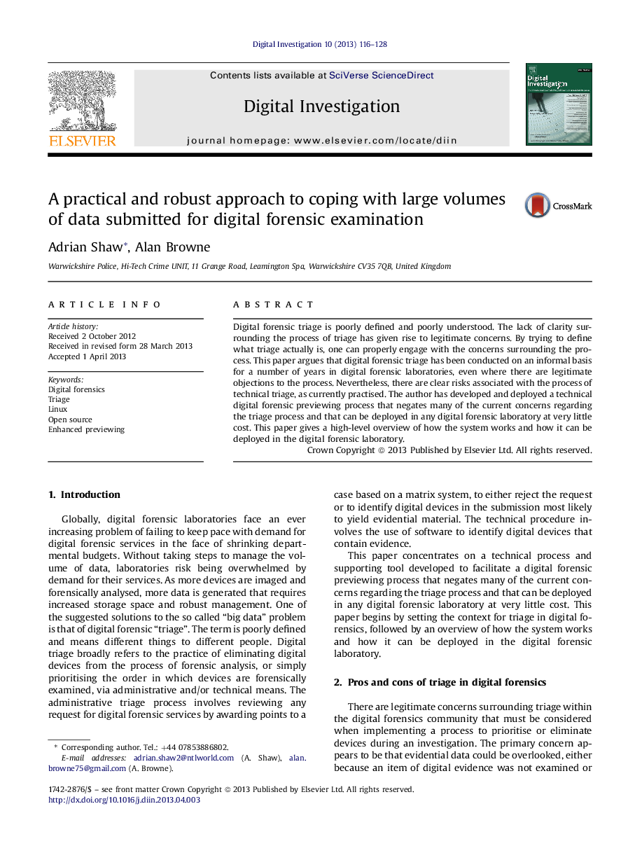 A practical and robust approach to coping with large volumes of data submitted for digital forensic examination