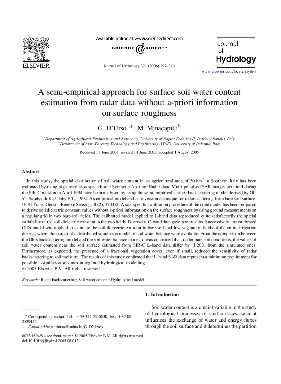 عکس صفحه اول مقاله: A semi-empirical approach for surface soil water content estimation from radar data without a-priori information on surface roughness A semi-empirical approach for surface soil water content estimation from radar data without a-priori information on surface roughness
