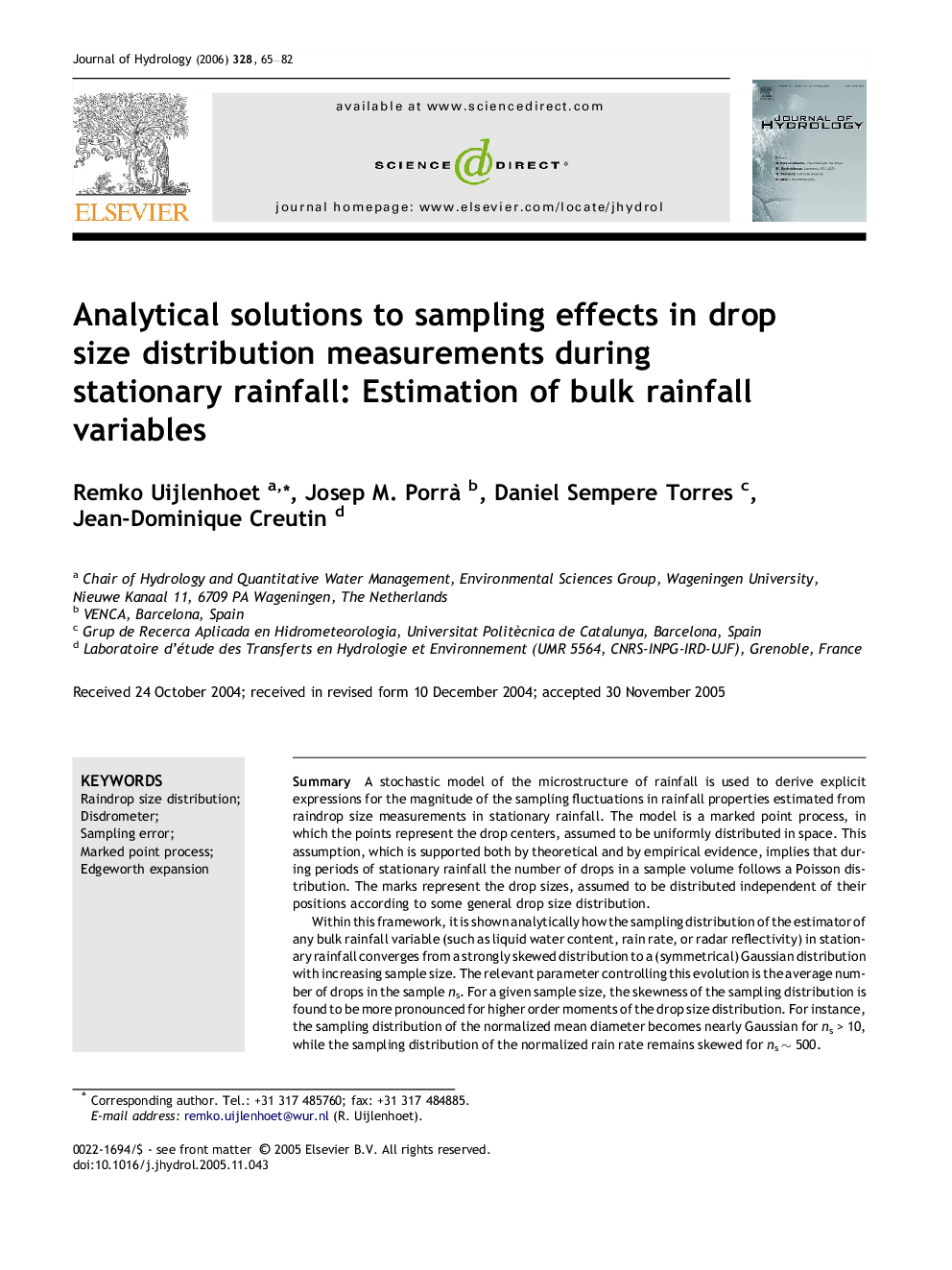 Analytical solutions to sampling effects in drop size distribution measurements during stationary rainfall: Estimation of bulk rainfall variables