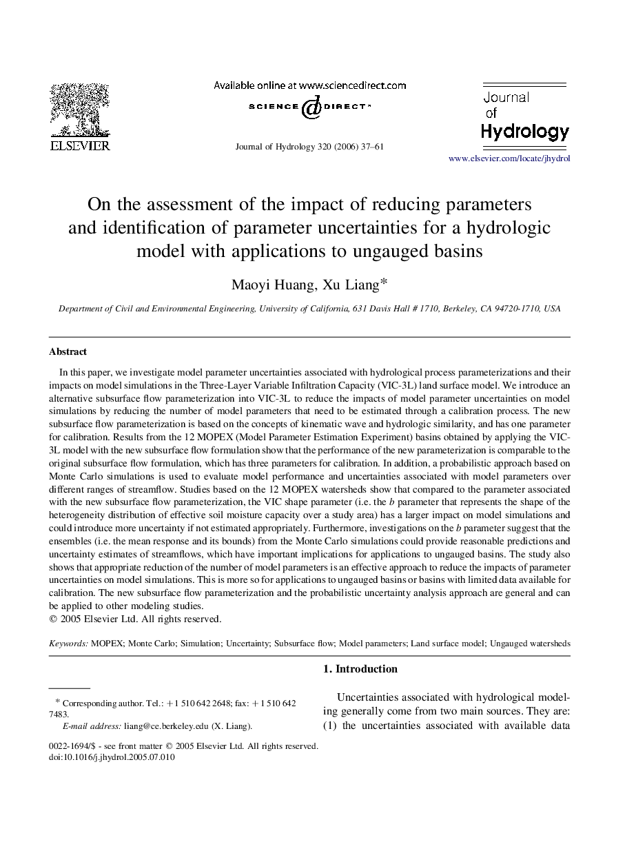 On the assessment of the impact of reducing parameters and identification of parameter uncertainties for a hydrologic model with applications to ungauged basins