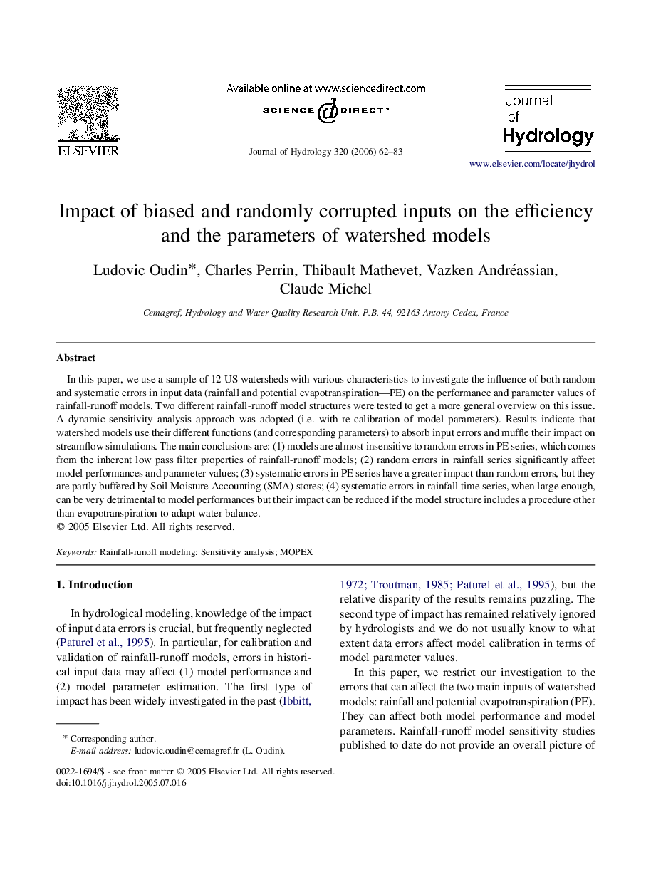 Impact of biased and randomly corrupted inputs on the efficiency and the parameters of watershed models