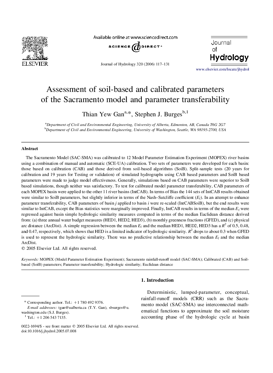 Assessment of soil-based and calibrated parameters of the Sacramento model and parameter transferability