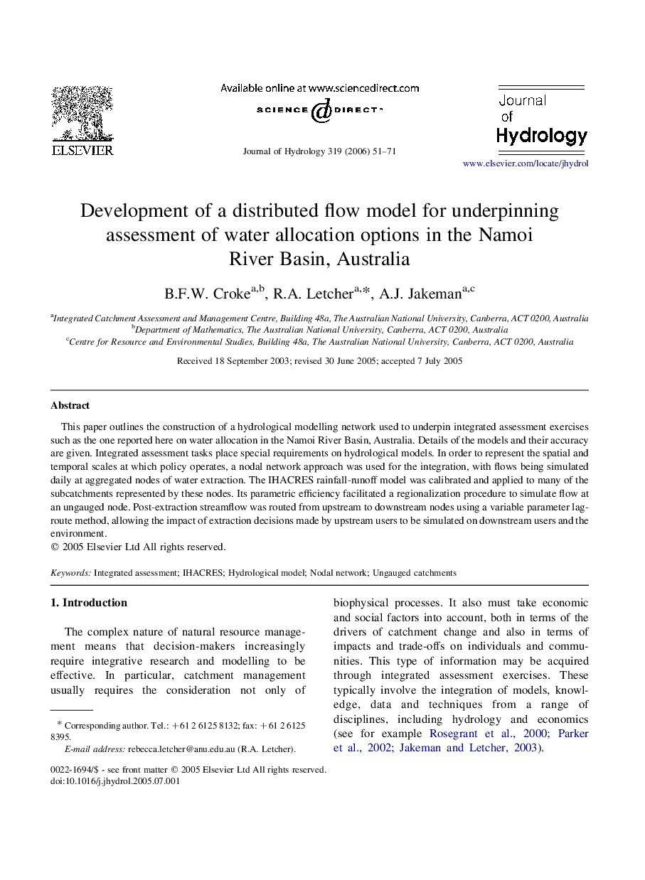 Development of a distributed flow model for underpinning assessment of water allocation options in the Namoi River Basin, Australia