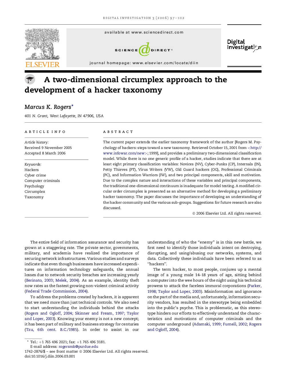 A two-dimensional circumplex approach to the development of a hacker taxonomy