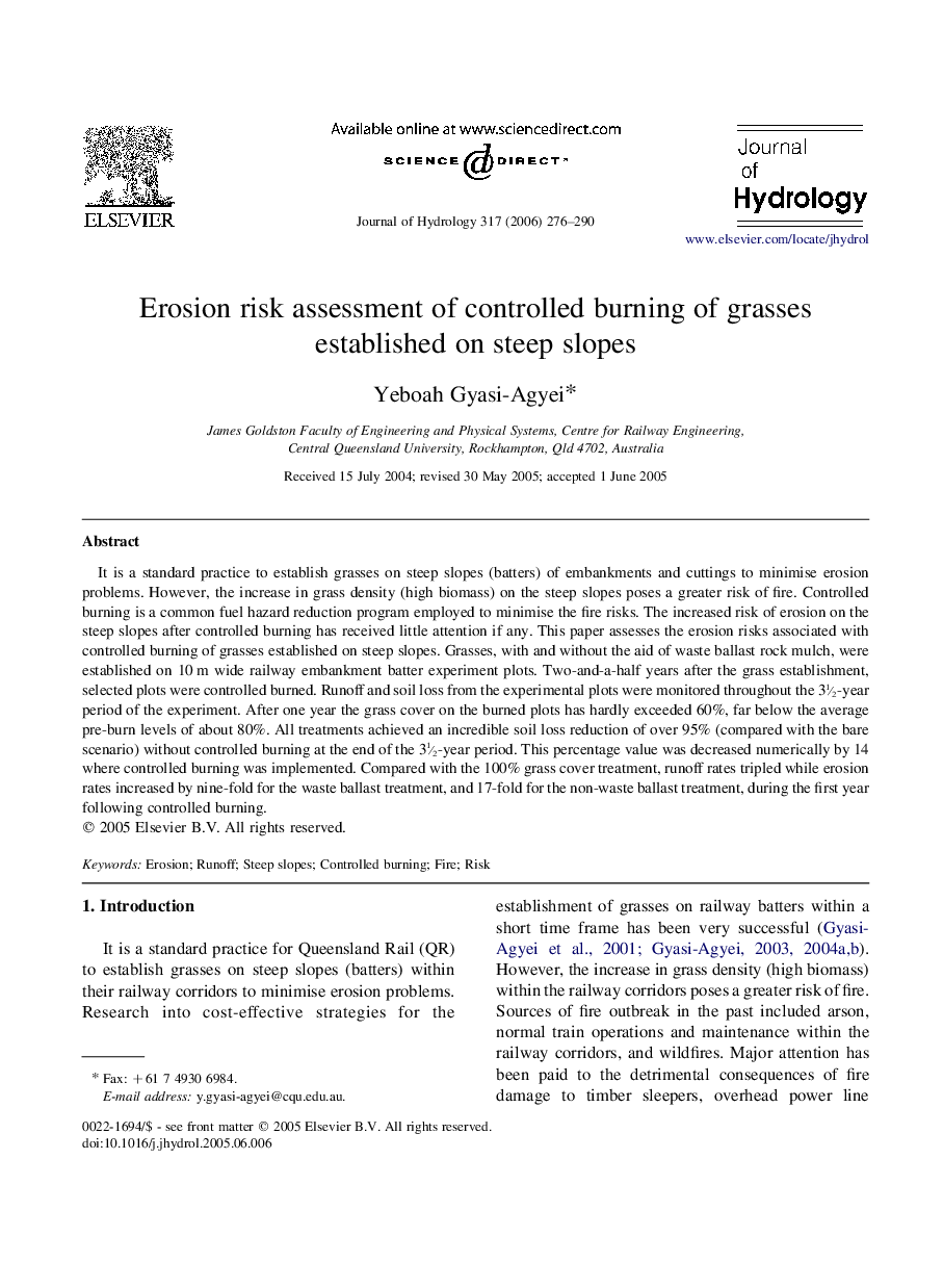 Erosion risk assessment of controlled burning of grasses established on steep slopes