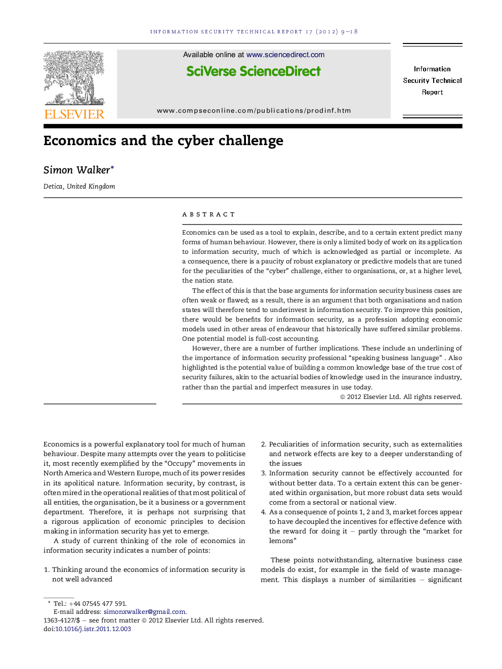 عکس صفحه اول مقاله: Economics and the cyber challenge Economics and the cyber challenge