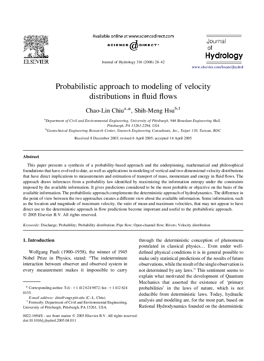 عکس صفحه اول مقاله: Probabilistic approach to modeling of velocity distributions in fluid flows Probabilistic approach to modeling of velocity distributions in fluid flows