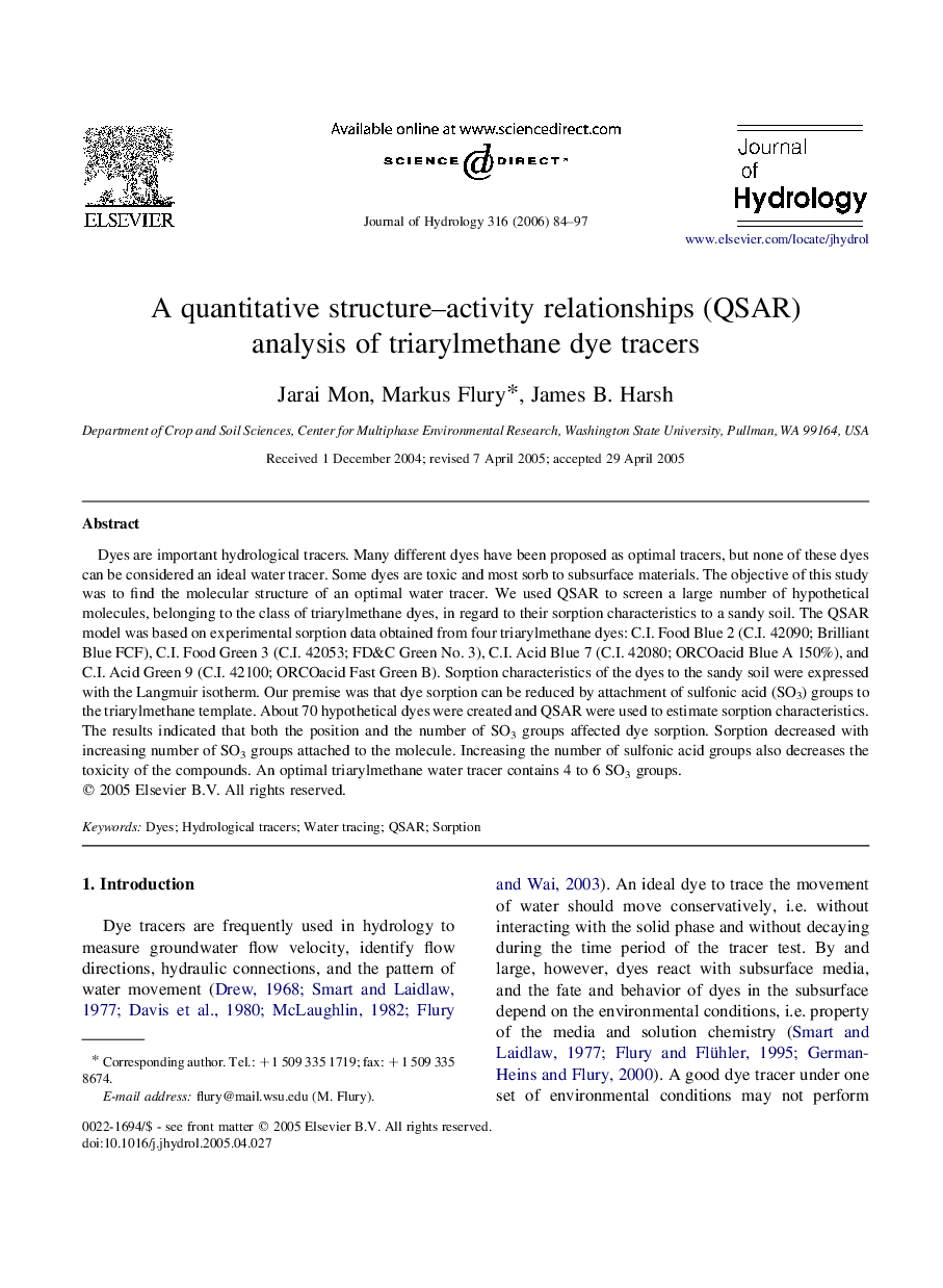 A quantitative structure–activity relationships (QSAR) analysis of triarylmethane dye tracers