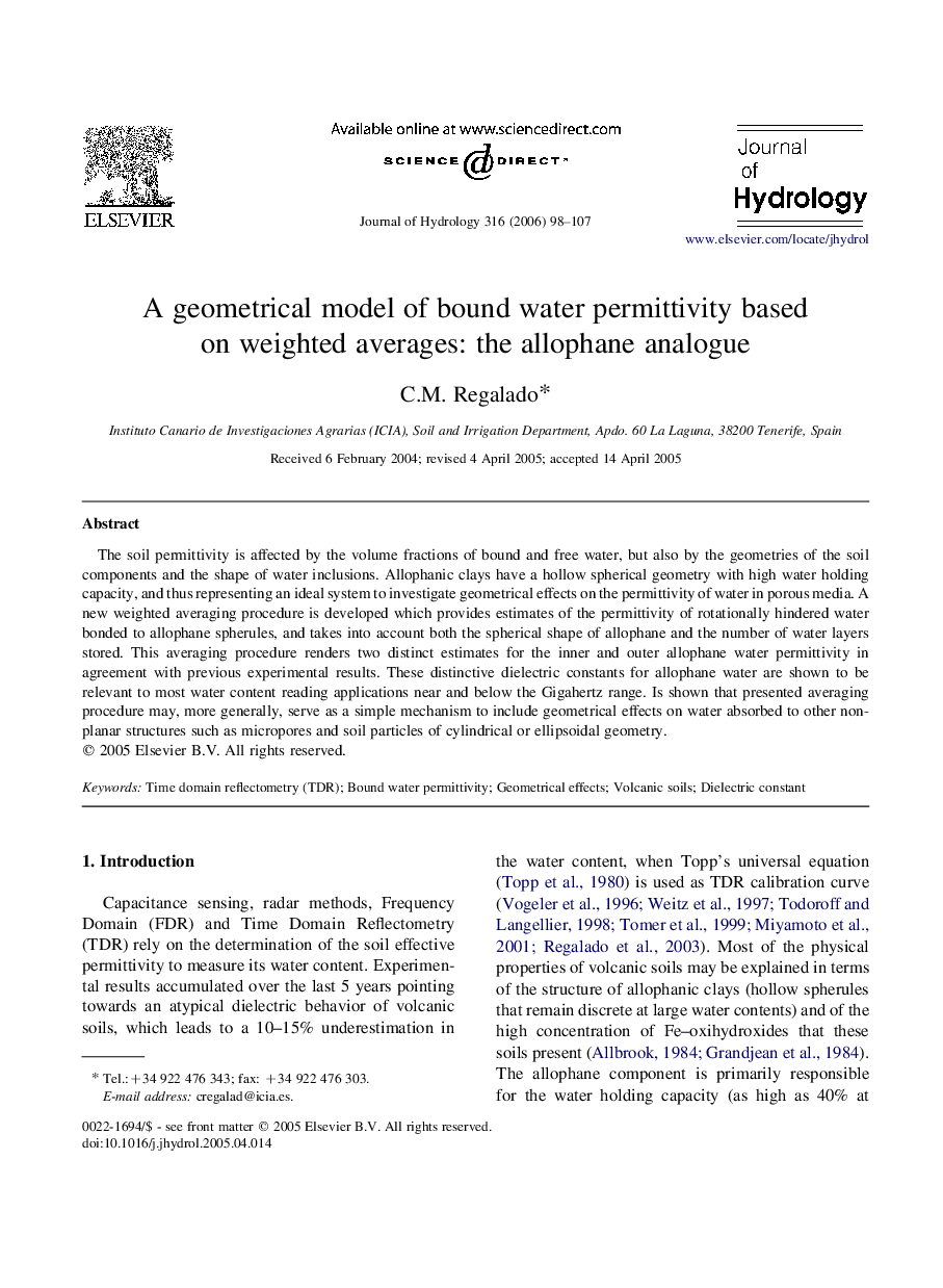 A geometrical model of bound water permittivity based on weighted averages: the allophane analogue