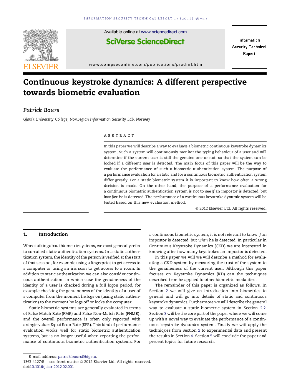 عکس صفحه اول مقاله: Continuous keystroke dynamics: A different perspective towards biometric evaluation Continuous keystroke dynamics: A different perspective towards biometric evaluation