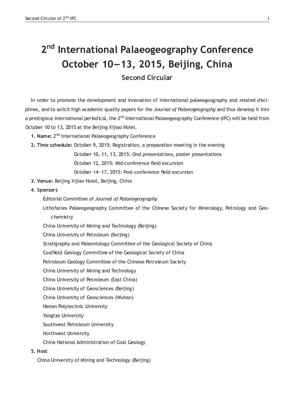 2nd International Palaeogeography Conference October 10-13, 2015, Beijing, China