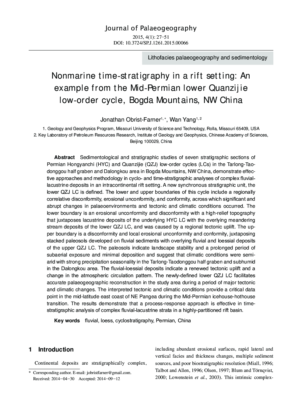 Nonmarine time-stratigraphy in a rift setting: An example from the Mid-Permian lower Quanzijie low-order cycle Bogda Mountains, NW China