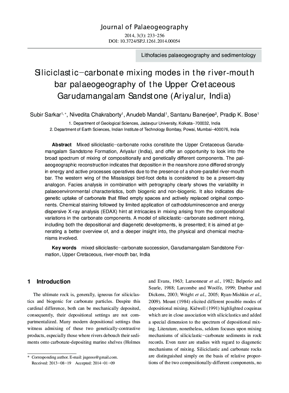 Siliciclastic–carbonate mixing modes in the river-mouth bar palaeogeography of the Upper Cretaceous Garudamangalam Sandstone (Ariyalur, India)