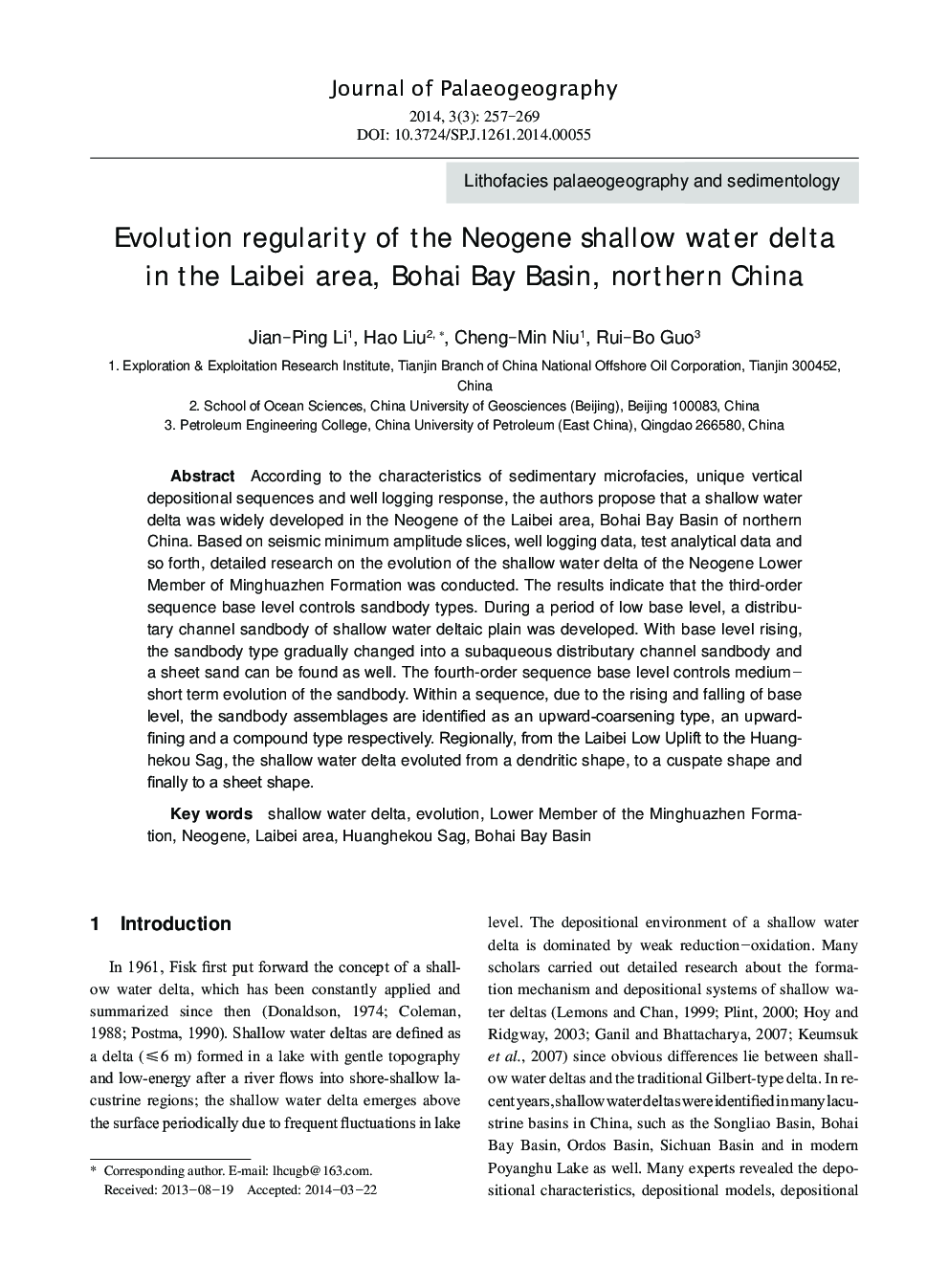 Evolution regularity of the Neogene shallow water delta in the Laibei area Bohai Bay Basin, northern China