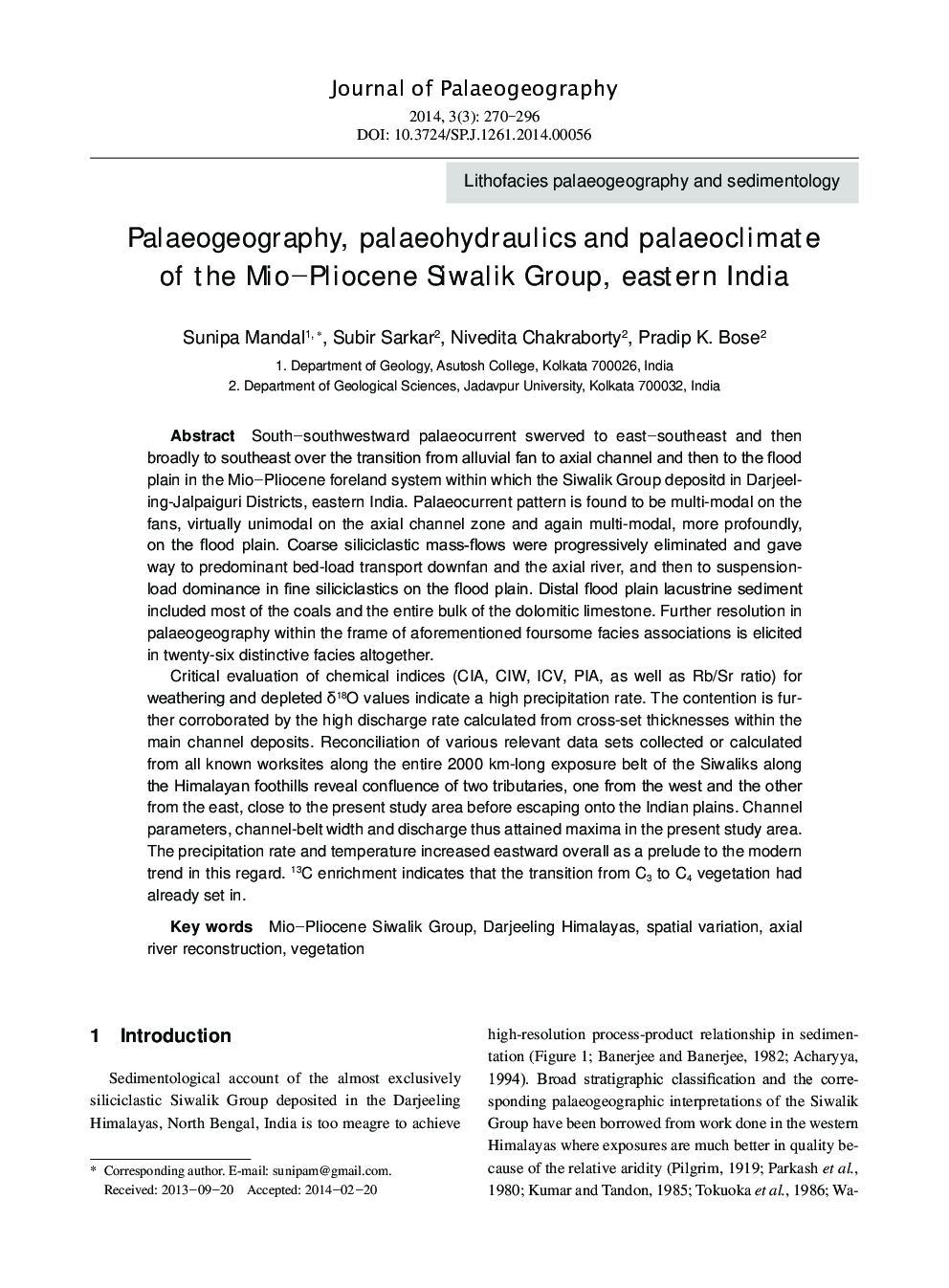 پالئوئوگرافی، پهید هیدرولیک و پائئوسکلیمات از گروه میکا پیلوسان سیوالیک، شرق هند 