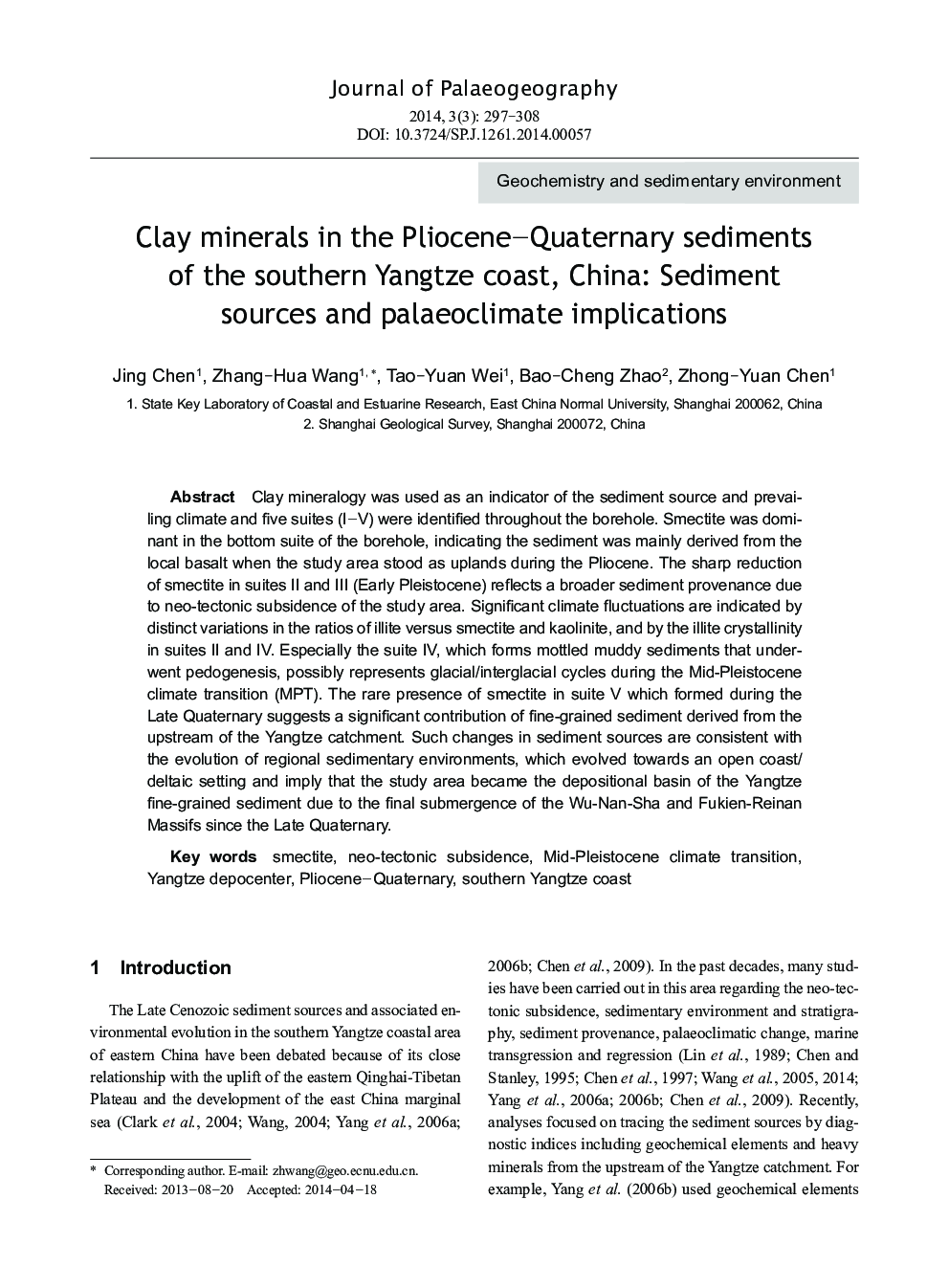 Clay minerals in the Pliocene–Quaternary sediments of the southern Yangtze coast, China: Sediment sources and palaeoclimate implications
