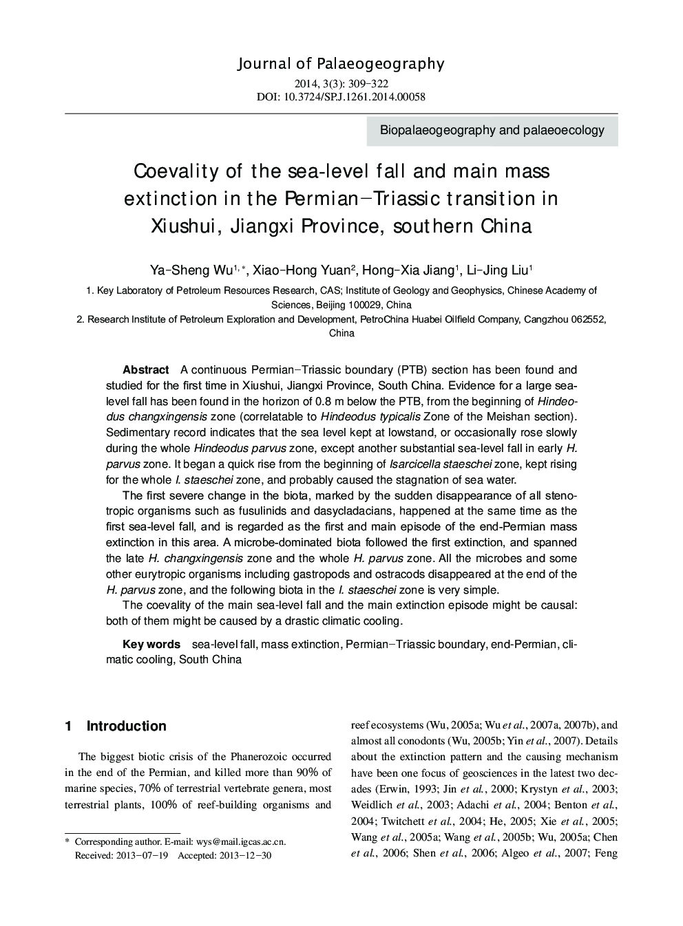 Coevality of the sea-level fall and main mass extinction in the Permian–Triassic transition in Xiushui, Jiangxi Province, southern China