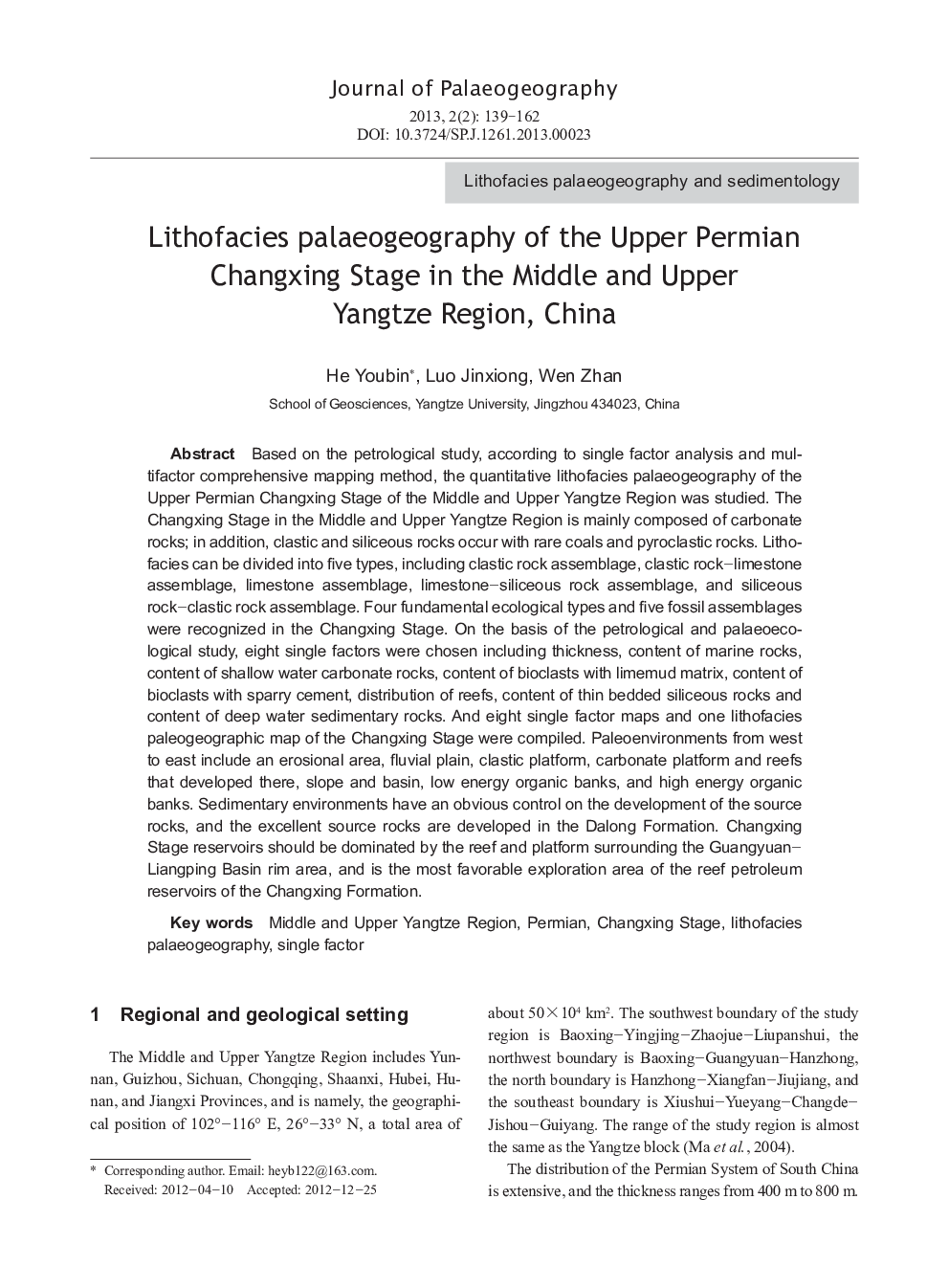 Lithofacies palaeogeography of the Upper Permian Changxing Stage in the Middle and Upper Yangtze Region, China