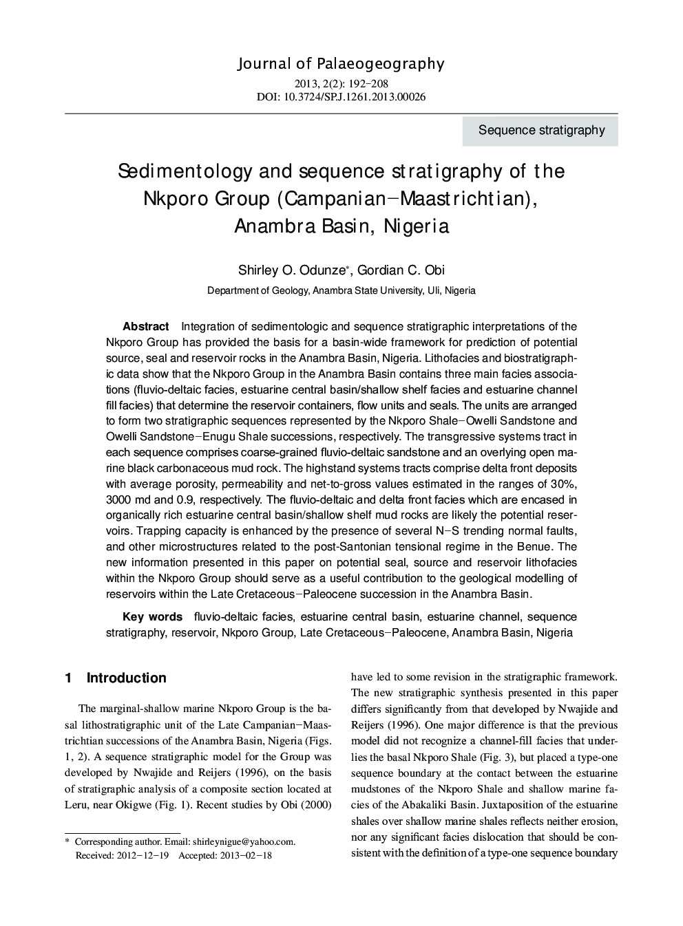 Sedimentology and sequence stratigraphy of the Nkporo Group (Campanian–Maastrichtian), Anambra Basin, Nigeria
