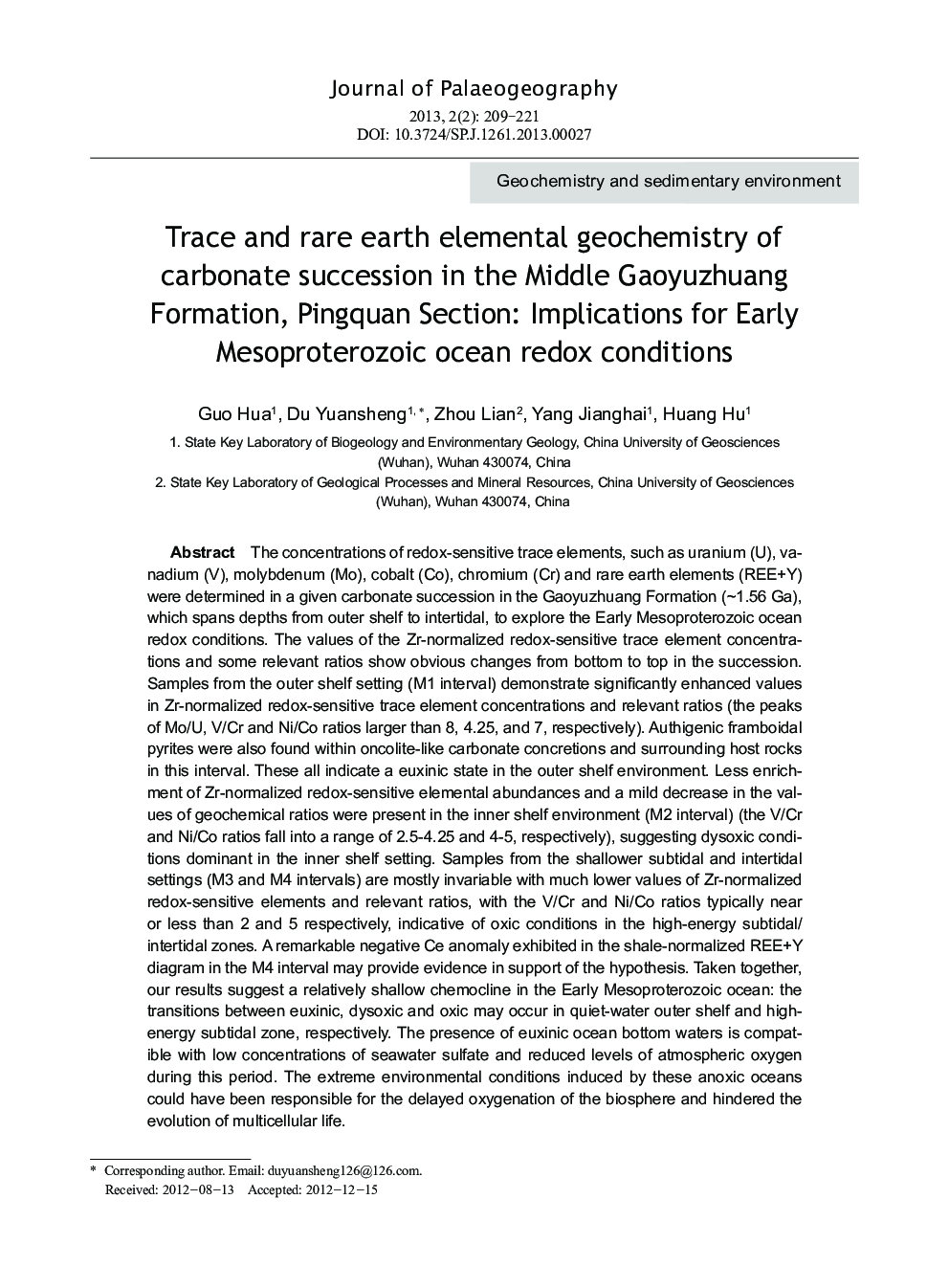 Trace and rare earth elemental geochemistry of carbonate succession in the Middle Gaoyuzhuang Formation, Pingquan Section: Implications for Early Mesoproterozoic ocean redox conditions