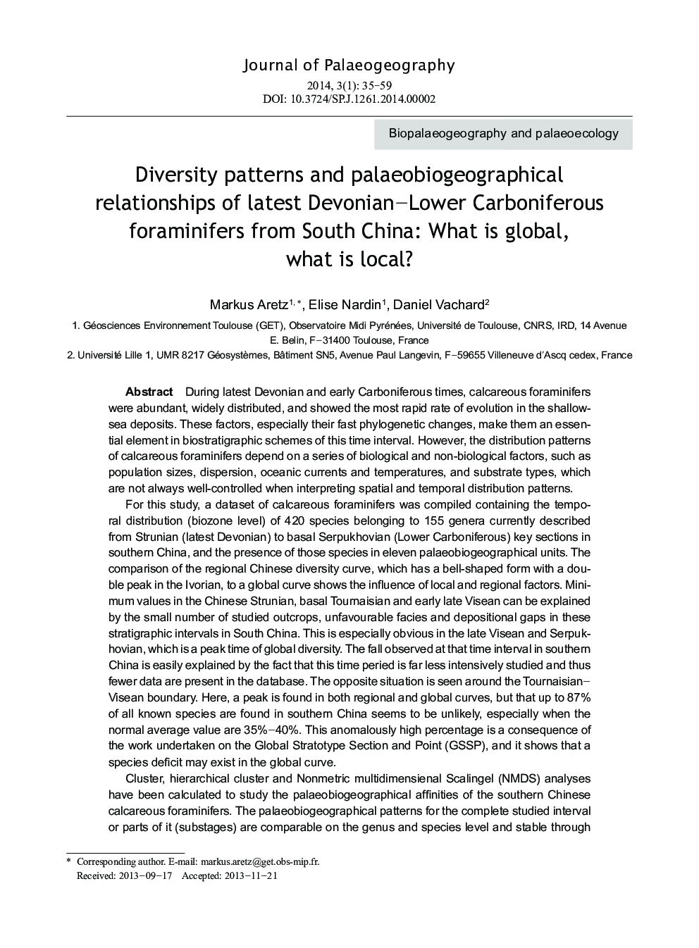 Diversity patterns and palaeobiogeographical relationships of latest Devonian–Lower Carboniferous foraminifers from South China: What is global, what is local?