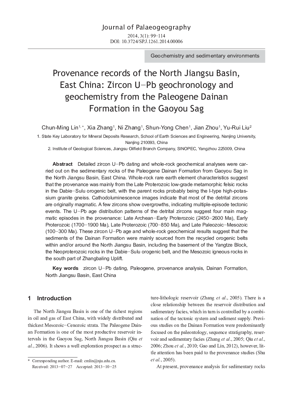 Provenance records of the North Jiangsu Basin, East China: Zircon U–Pb geochronology and geochemistry from the Paleogene Dainan Formation in the Gaoyou Sag