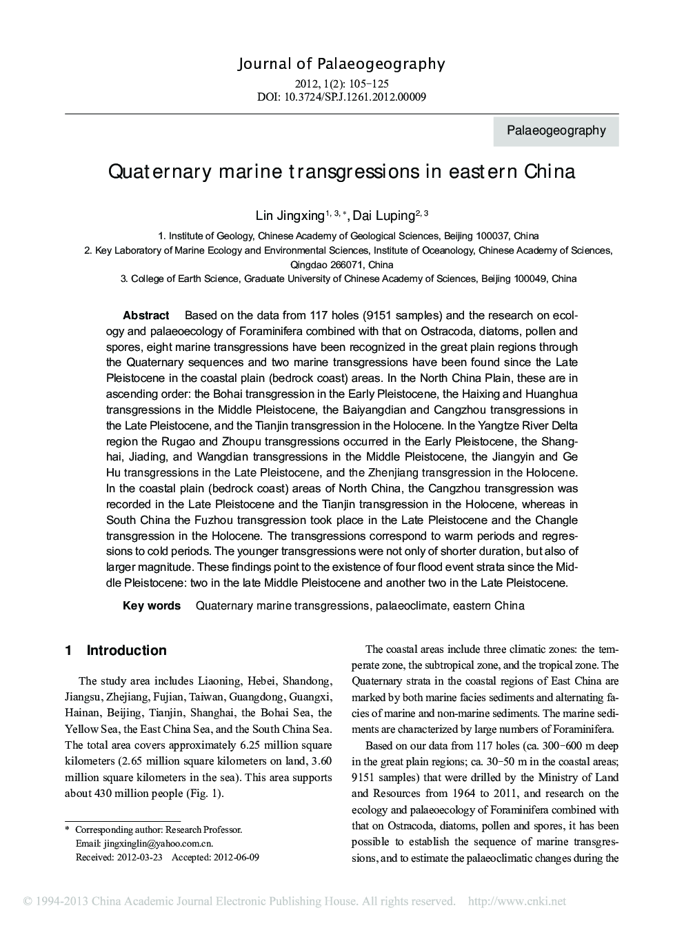 Quaternary marine transgressions in eastern China