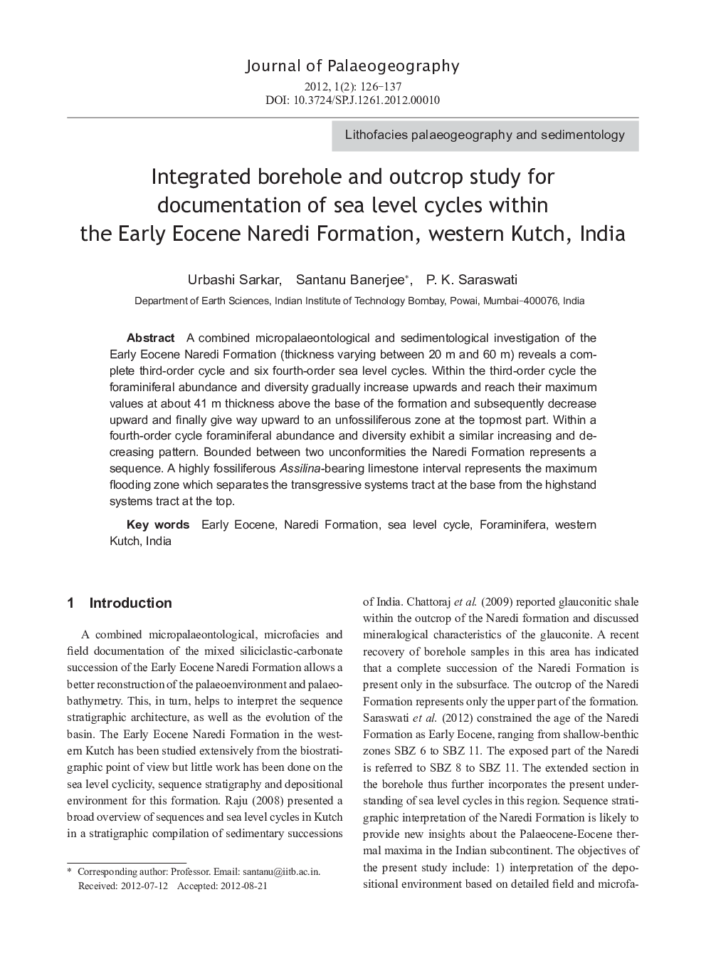 Integrated borehole and outcrop study for documentation of sea level cycles within the Early Eocene Naredi Formation, western Kutch, India