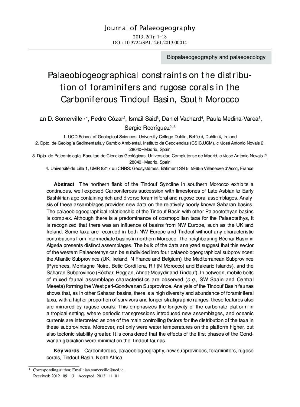 Palaeobiogeographical constraints on the distribution of foraminifers and rugose corals in the Carboniferous Tindouf Basin, South Morocco