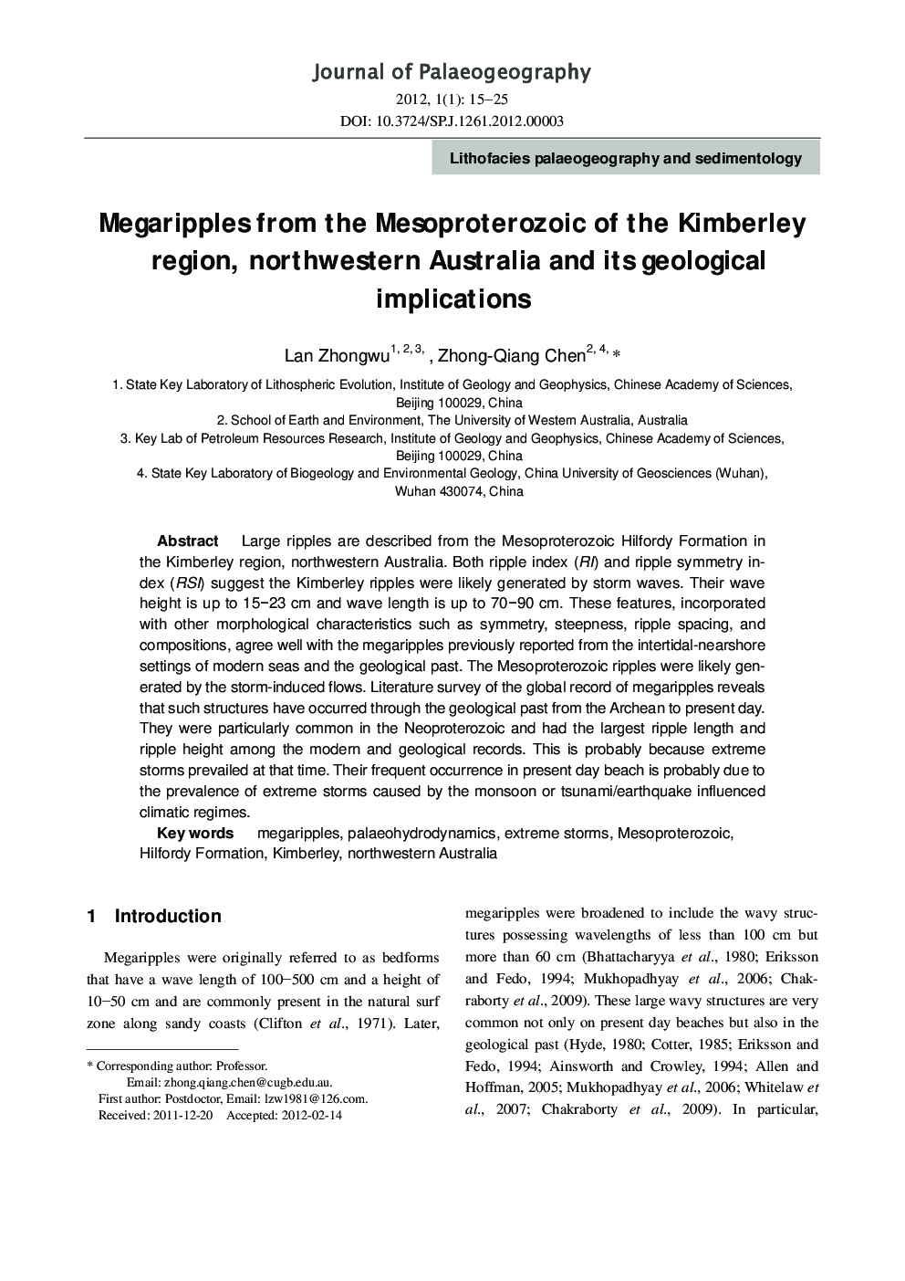 Megaripples from the Mesoproterozoic of the Kimberley region, northwestern Australia and its geological implications