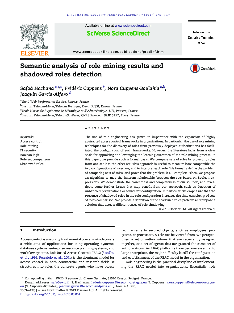 Semantic analysis of role mining results and shadowed roles detection