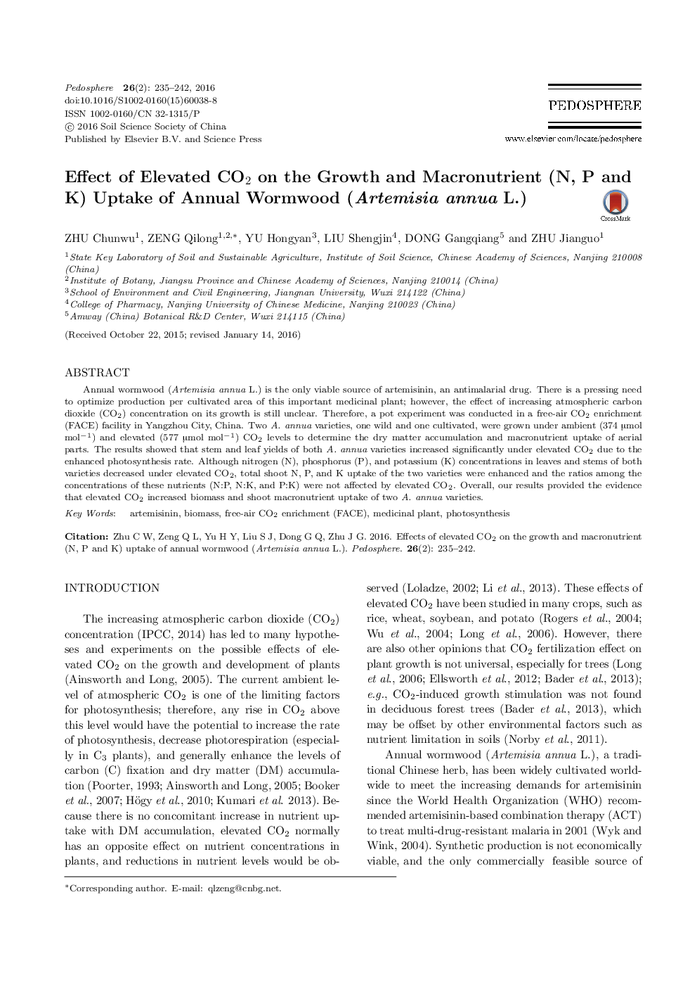 اثر افزایش CO2 بر رشد و جذب درشت مغذی‌ها (N، P و K) کرم چوب سالانه (Artemisia annua L.)