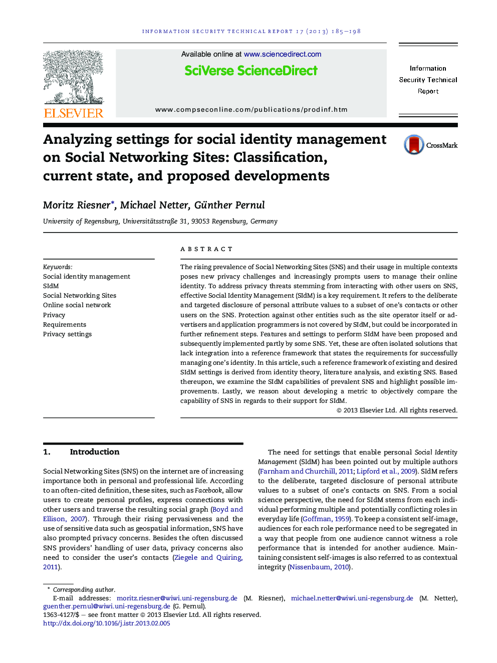 Analyzing settings for social identity management on Social Networking Sites: Classification, current state, and proposed developments