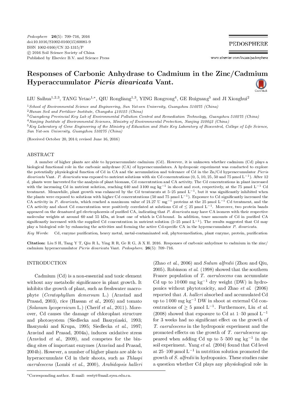 Responses of Carbonic Anhydrase to Cadmium in the Zinc/Cadmium Hyperaccumulator Picris divaricata Vant.