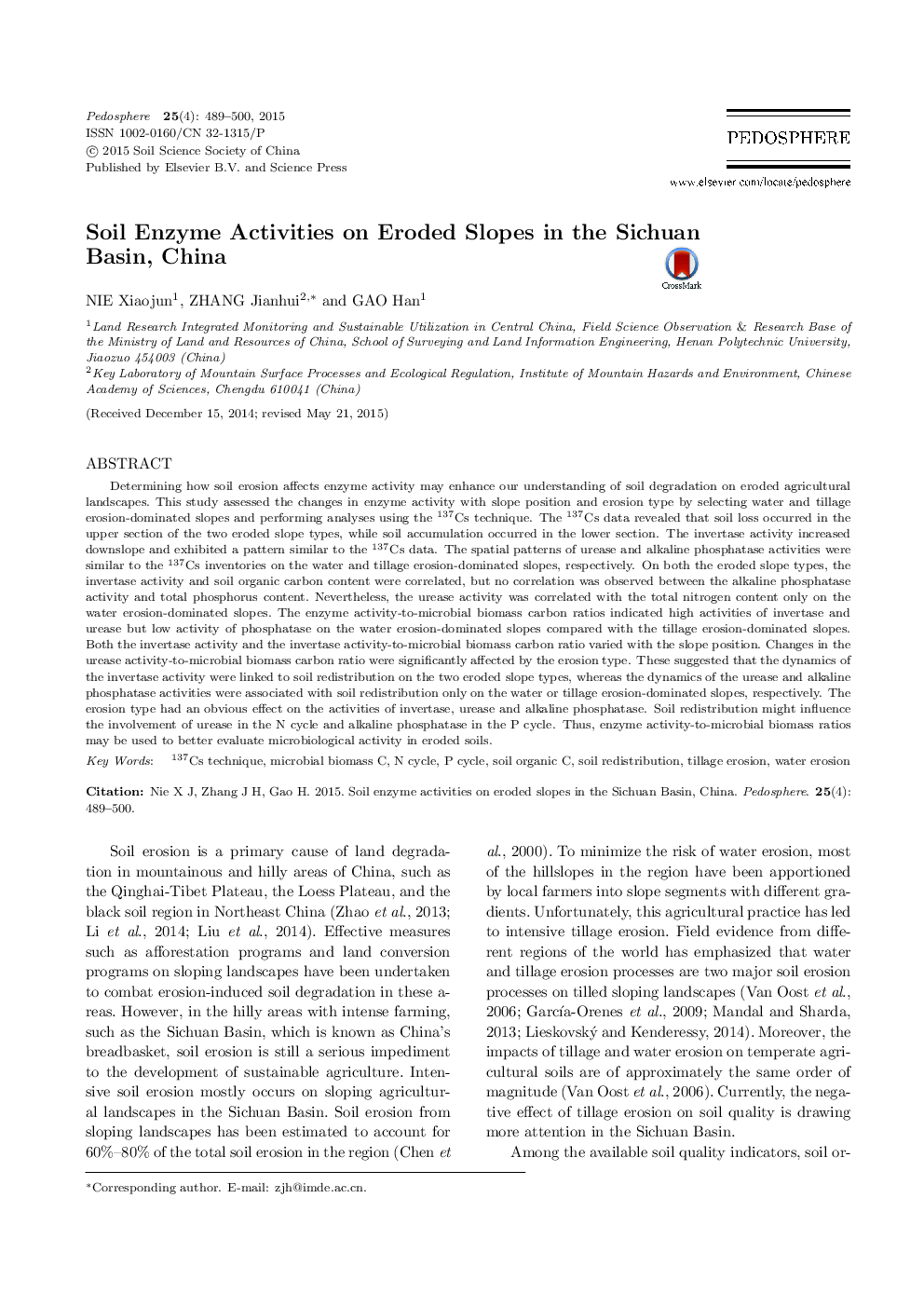 Soil Enzyme Activities on Eroded Slopes in the Sichuan Basin, China
