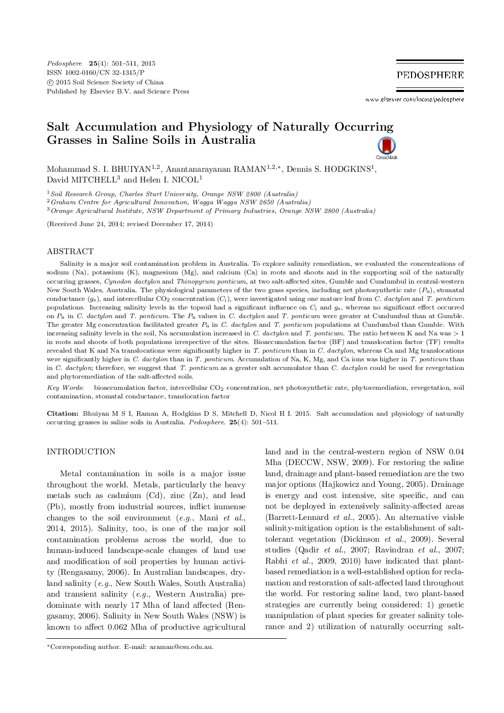 Salt Accumulation and Physiology of Naturally Occurring Grasses in Saline Soils in Australia