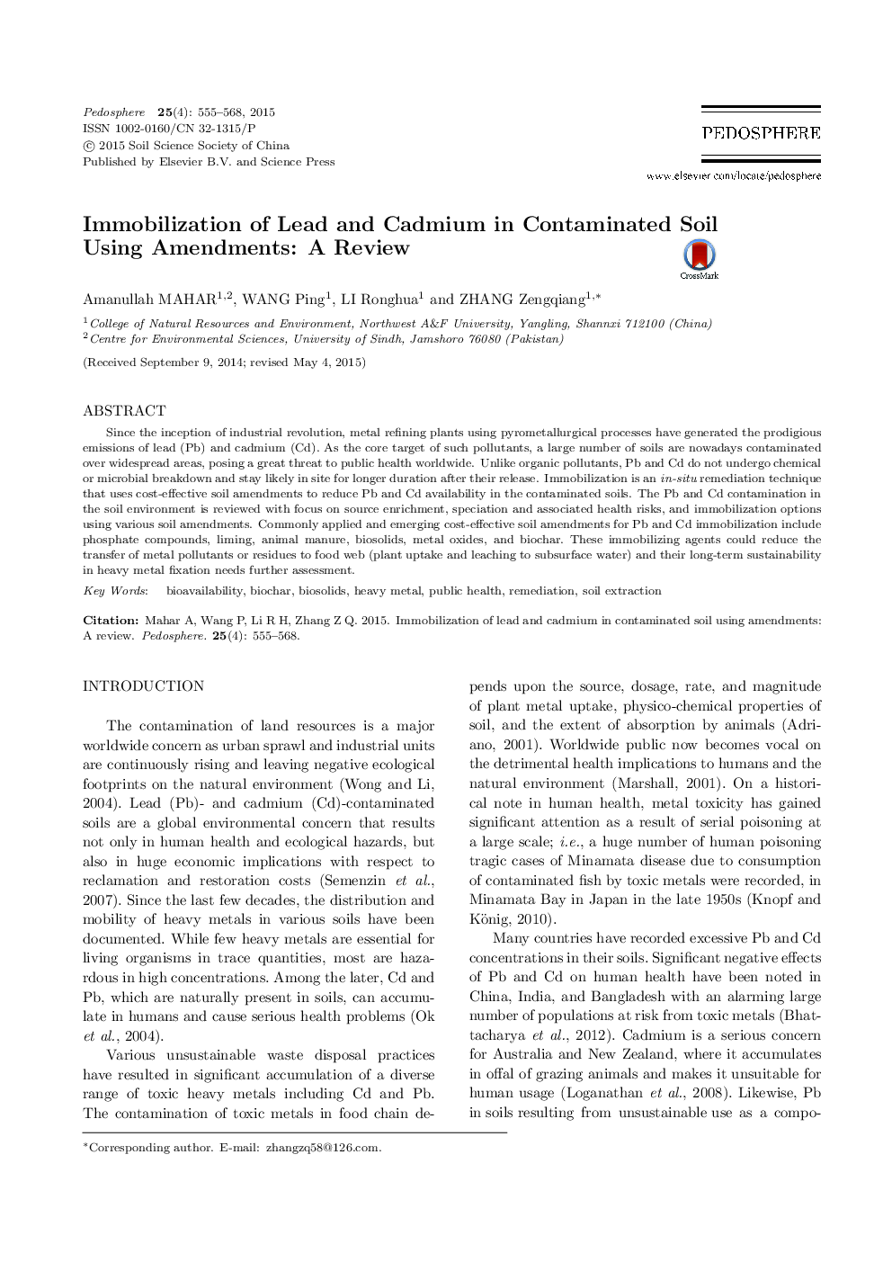 Immobilization of Lead and Cadmium in Contaminated Soil Using Amendments: A Review