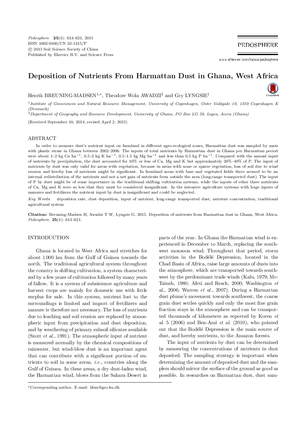 Deposition of Nutrients From Harmattan Dust in Ghana, West Africa