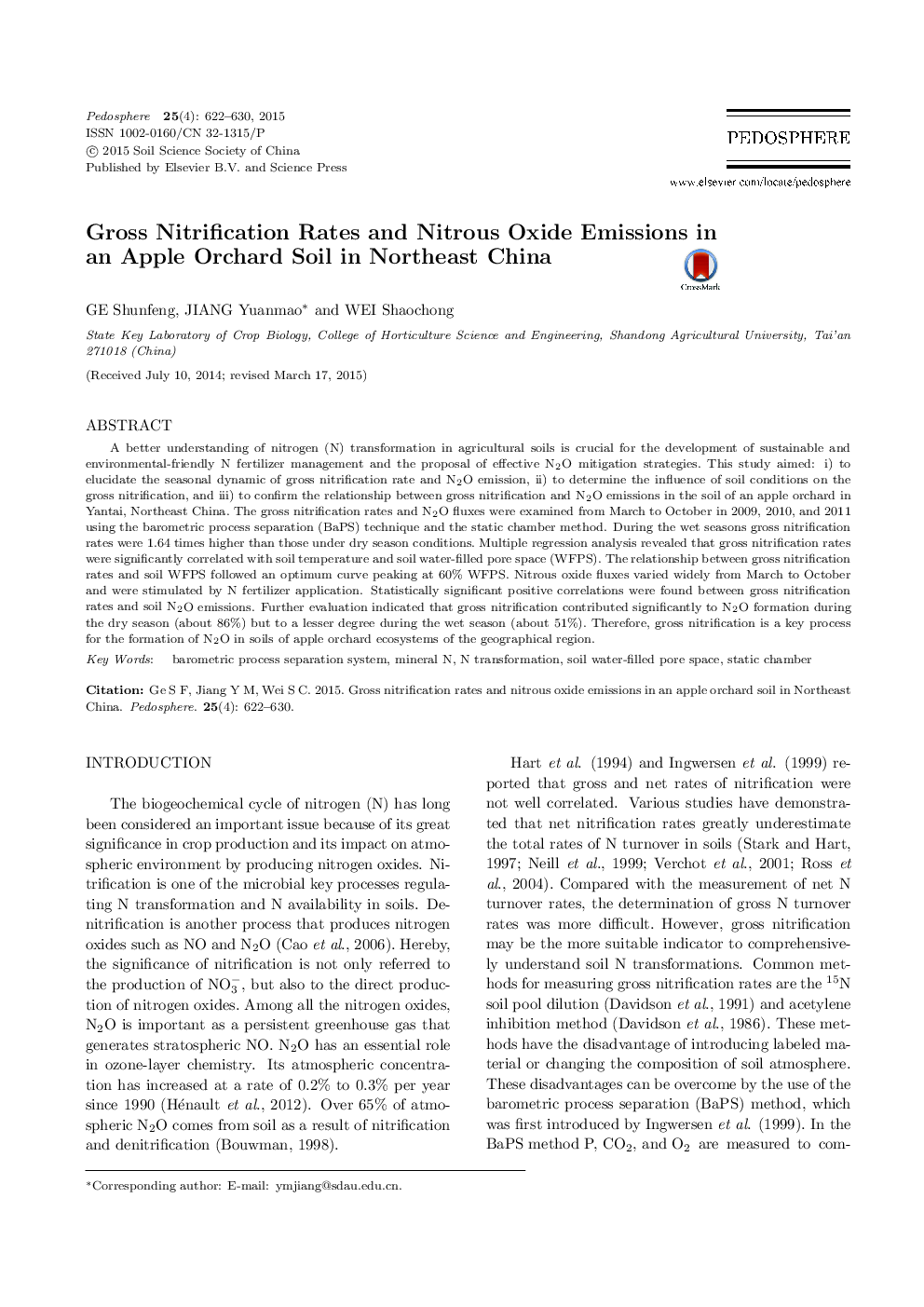 Gross Nitrification Rates and Nitrous Oxide Emissions in an Apple Orchard Soil in Northeast China