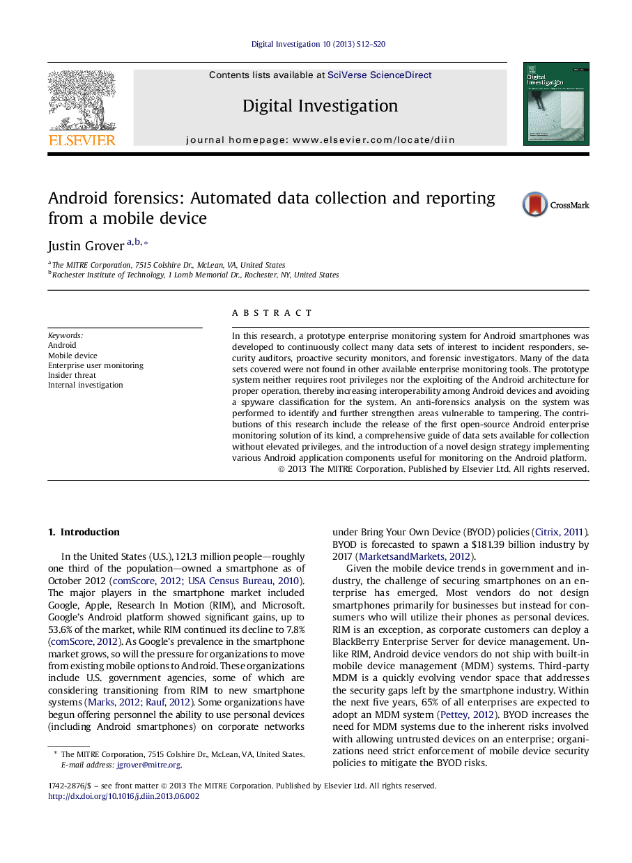 Android forensics: Automated data collection and reporting from a mobile device