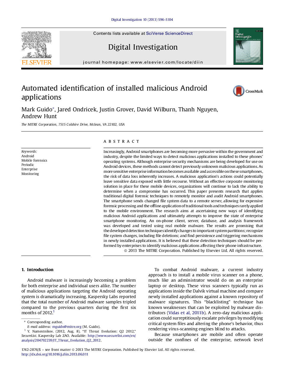 Automated identification of installed malicious Android applications