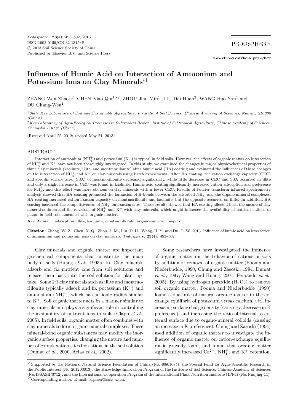 Influence of Humic Acid on Interaction of Ammonium and Potassium Ions on Clay Minerals 